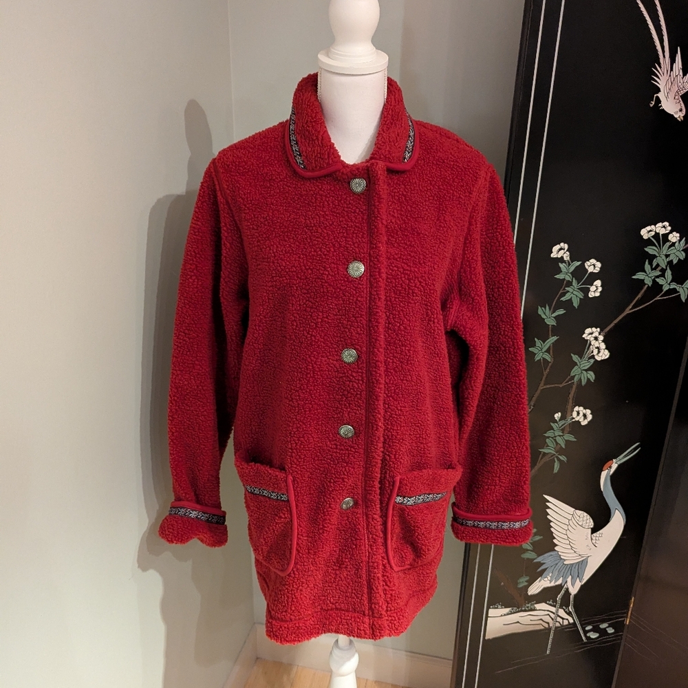 Blair Women's Medium Red Button Up Long Fleece Jacket Boho Western Style Pockets